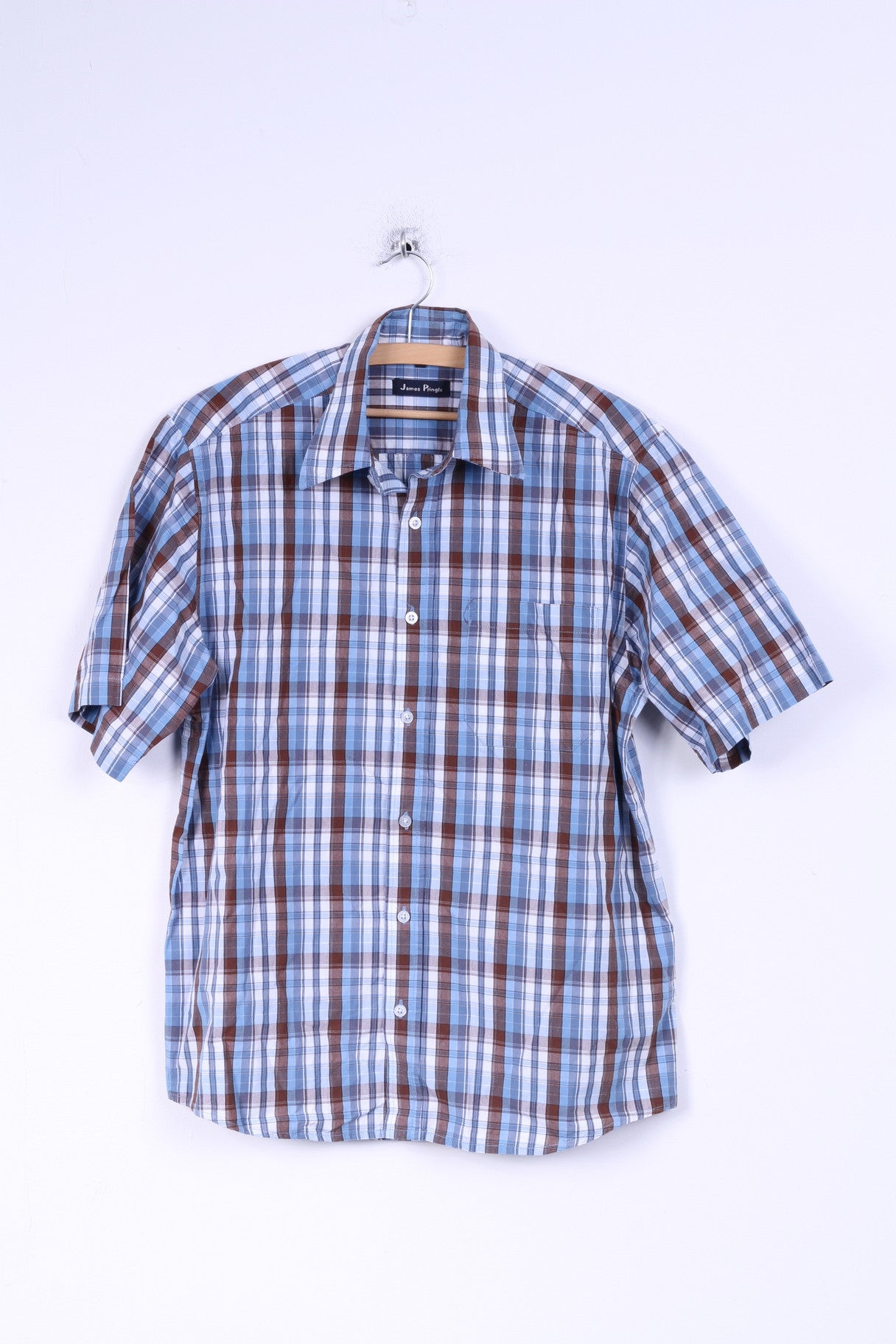 James Pringle Mens M Casual Shirt Short Sleeve Check Blue Cotton ...