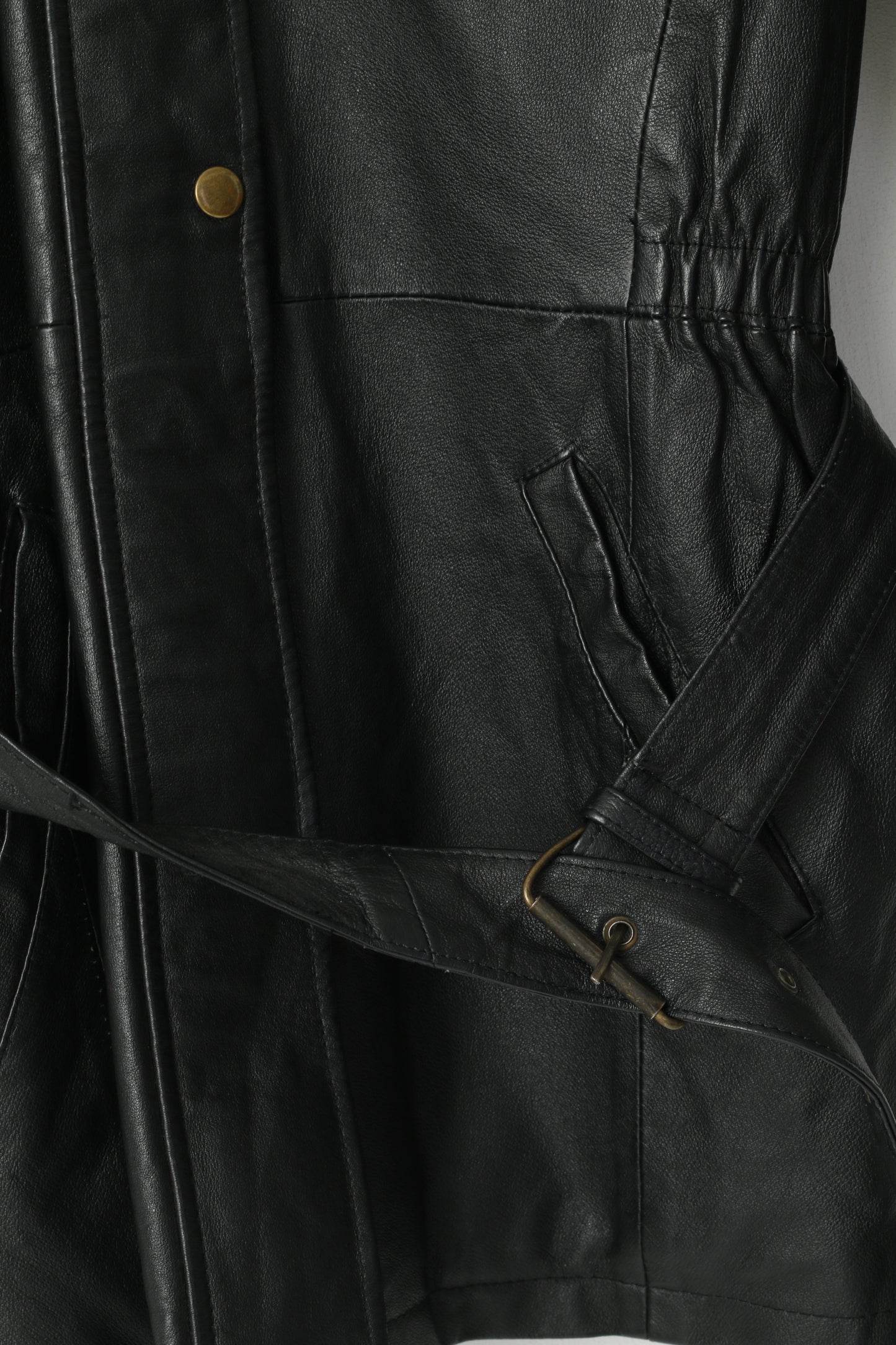 Landy Women M Jacket Black Leather Vintage Belted Biker Removable Trim Collar Top
