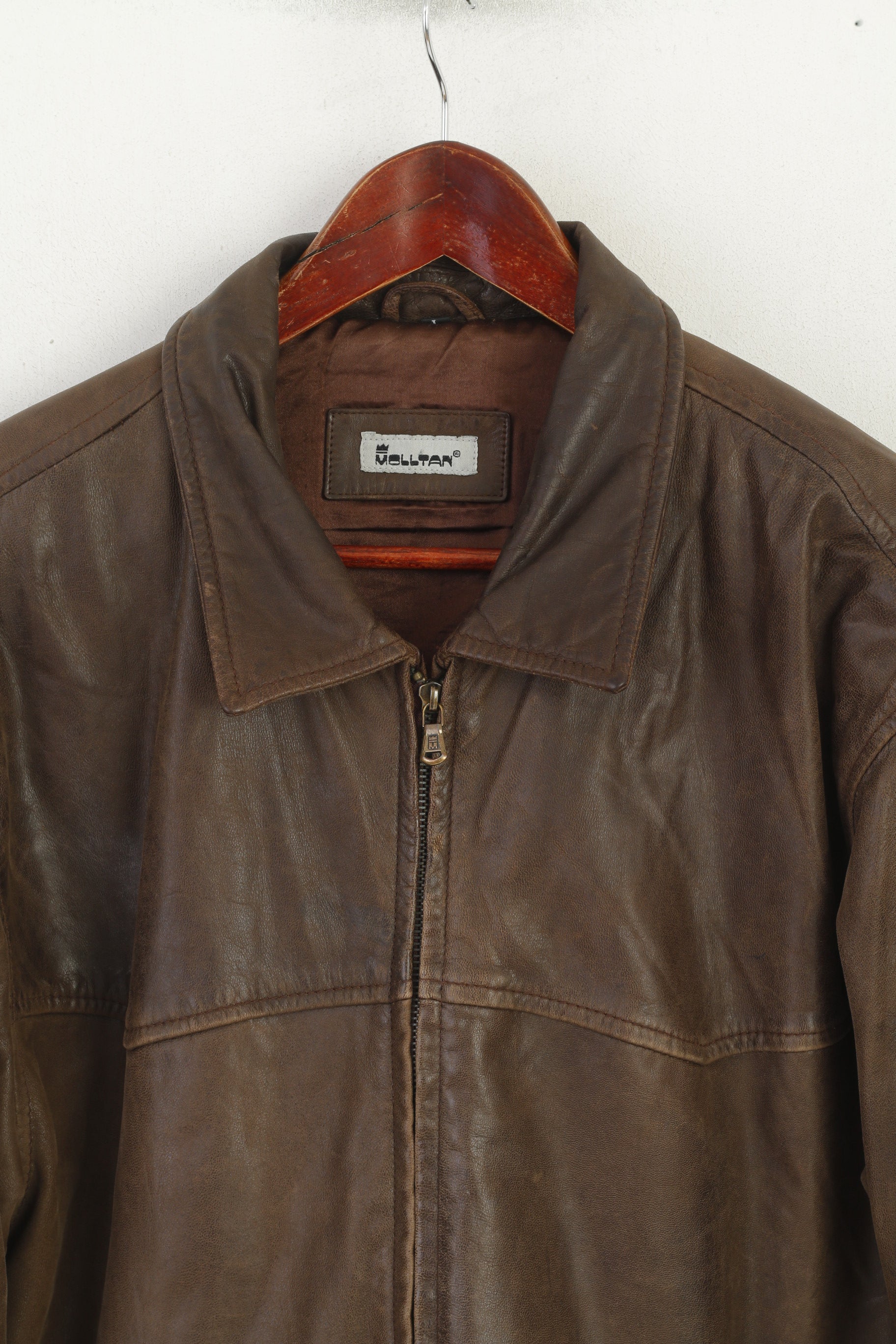 Molltan Men L Jacket Brown Leather Vintage Full Zip Harrington Classic ...
