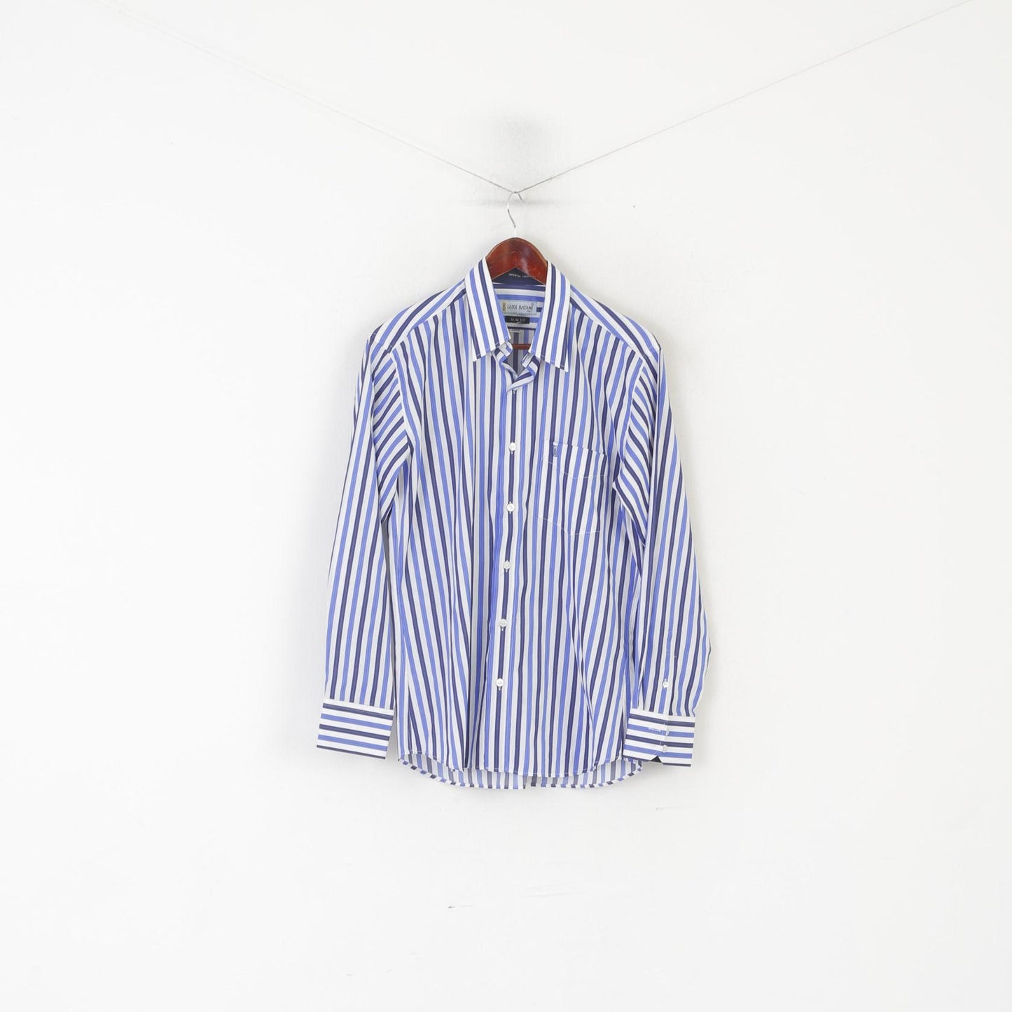 Luigi Batani Men L Casual Shirt Blue Striped Slim Fit Italy Long Sleeve Top