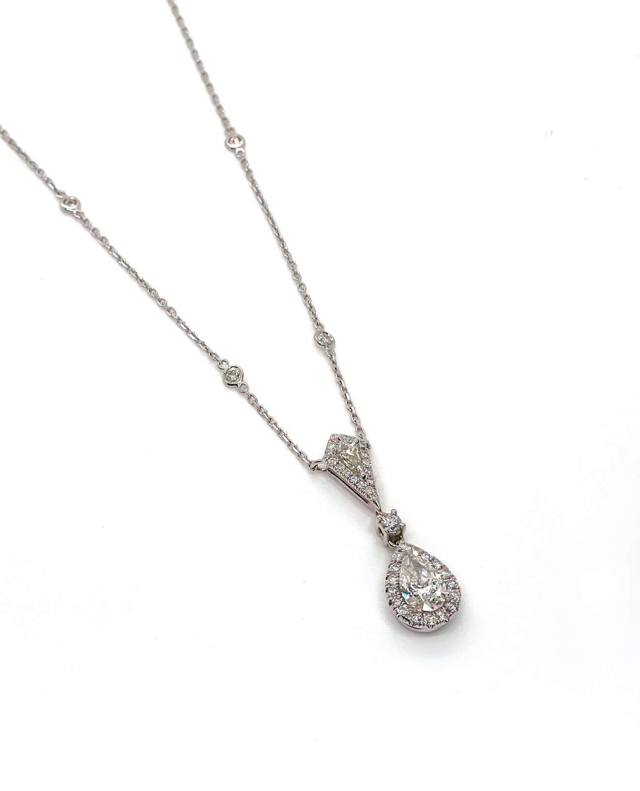 Pear Shaped Diamond Necklace in 18K White Gold (Watch Video)