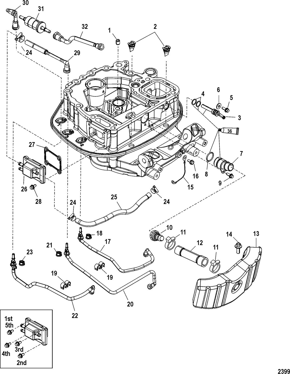 Mercury 225 VERADO (4-STROKE)(6 CYL.) Adaptor Plate Hose Routings Diagram