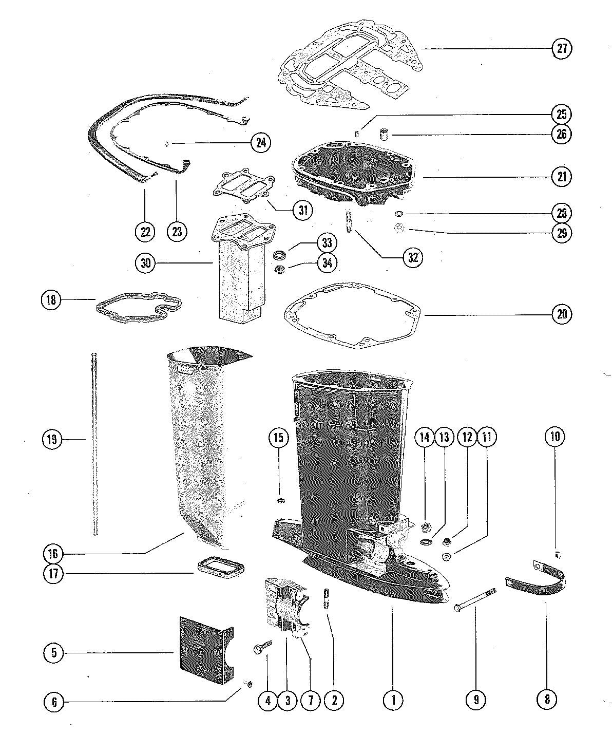 Mercury V-225 DRIVE SHAFT HOUSING AND EXHAUST TUBE Diagram