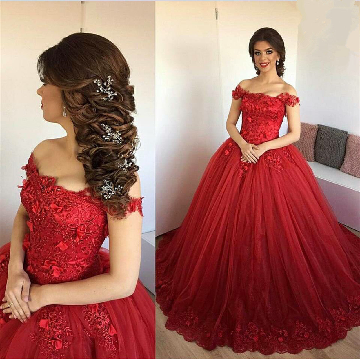 burgundy off the shoulder ball gown