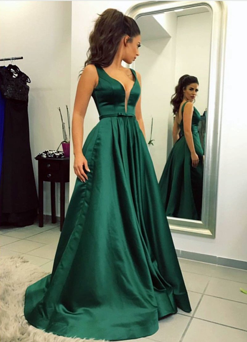 satin emerald green prom dress
