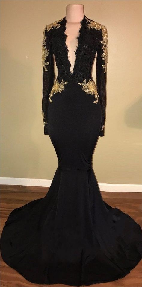 black long sleeve v neck mermaid dress