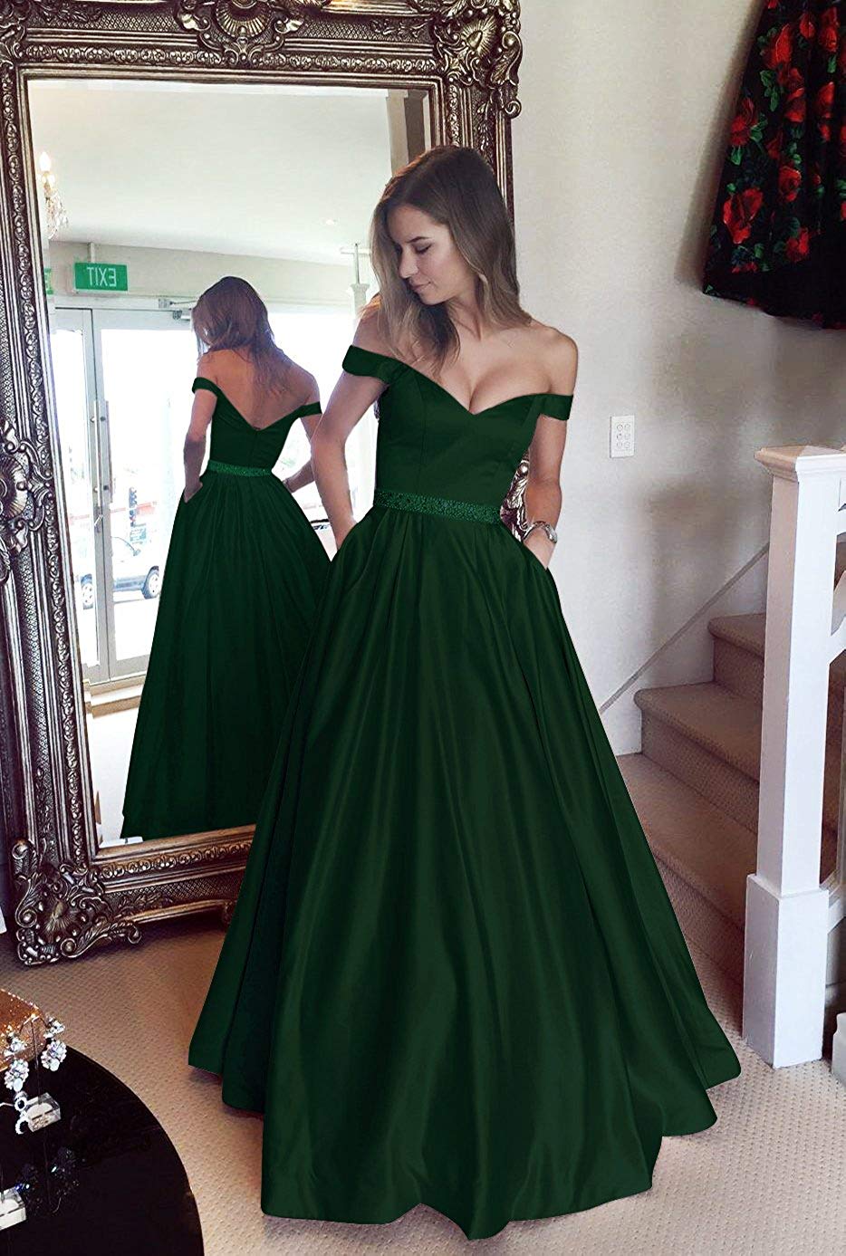 emerald green satin ball gown