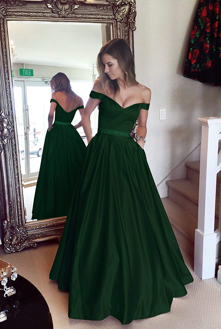 emerald off the shoulder prom dress