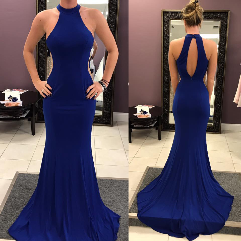 royal blue open back prom dress