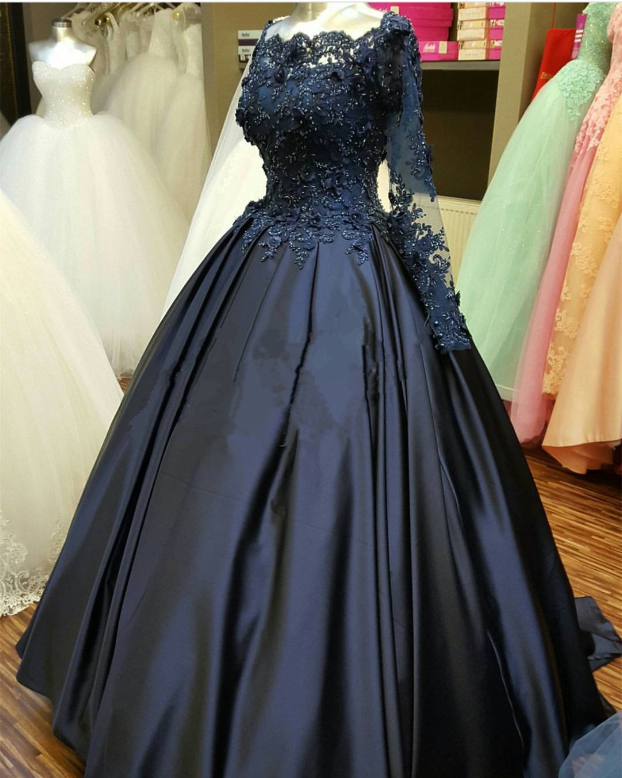 navy evening gowns with sleeves