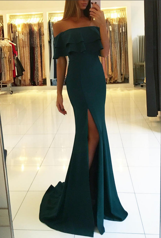 emerald green off the shoulder long dress