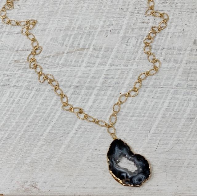 Long Gold Necklace with Geode Pendant