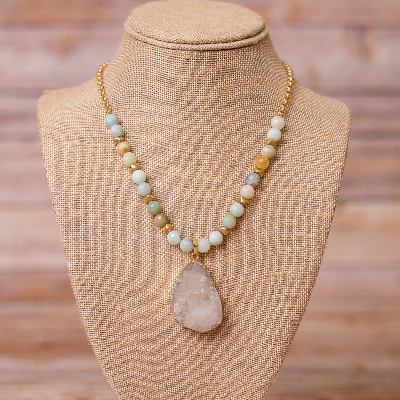 Short Beaded Necklace with Druzy Pendant