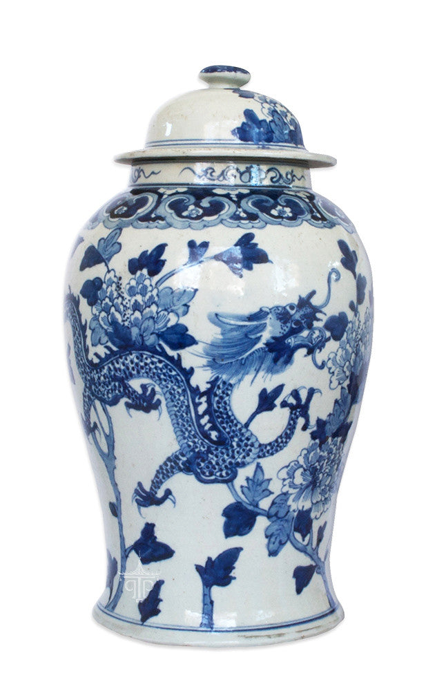 blue and white chinese ginger jar with dragons and peonies