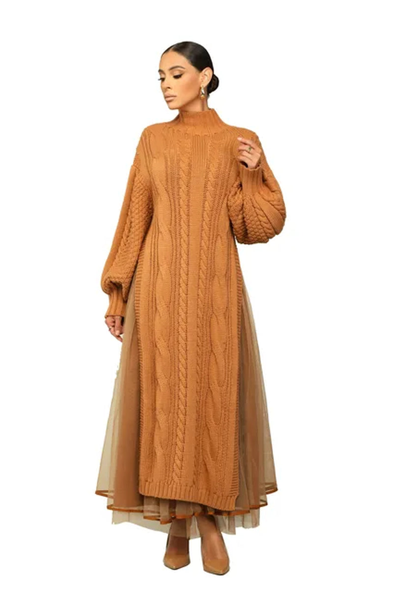 Fall Winter Sheer Mesh Patchwork Long Dress Turtleneck A-Line