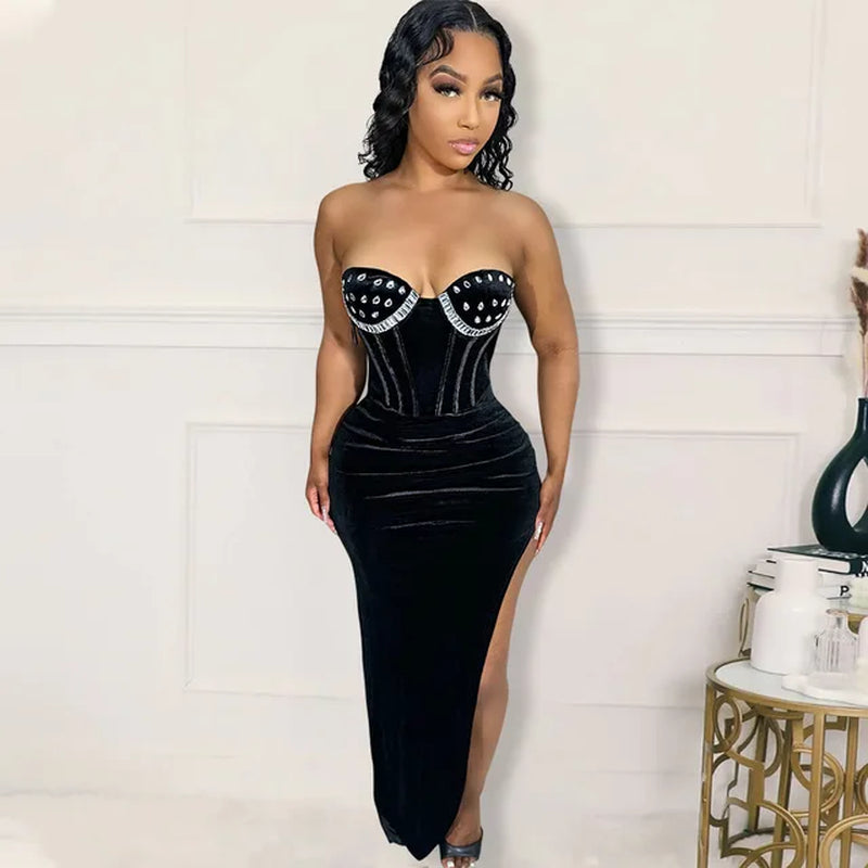Velvet Bodycon Rhinestone Evening Dress: Sexy Black Club Party