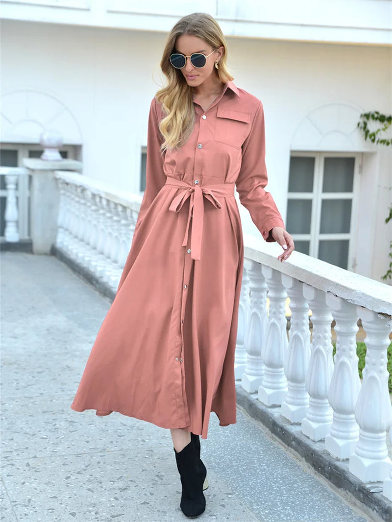 Elegant Lace-Up Women's Shirt Dress for Autumn Casual Style - Image 4