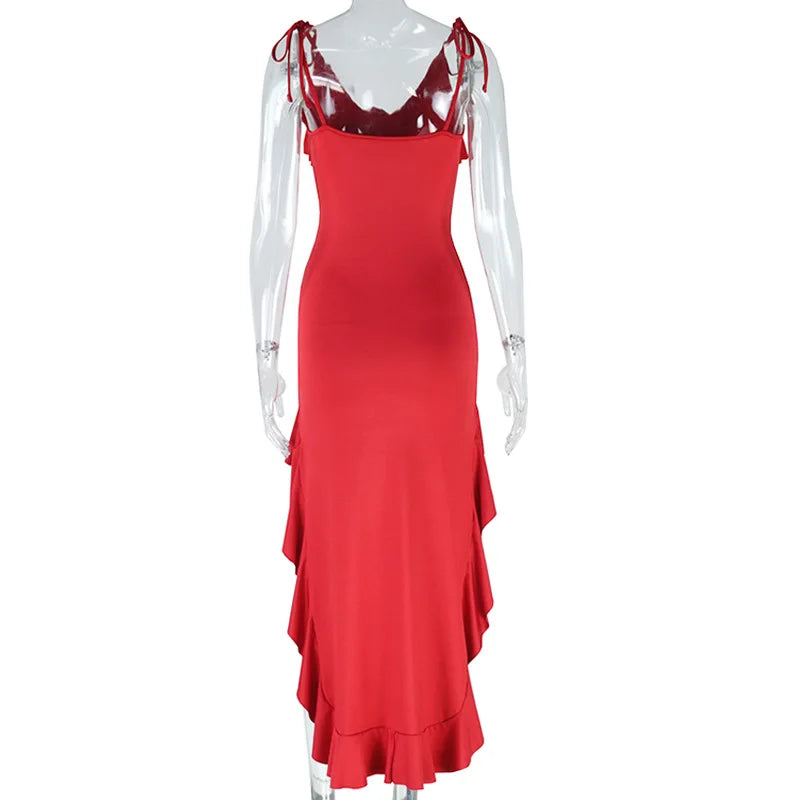 Sexy Red Ruffle Flower Evening Party Dress V Neck Lace Up - Image 7