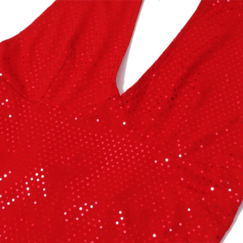 Red sequin halter deep v-neck party dress for women - Image 6