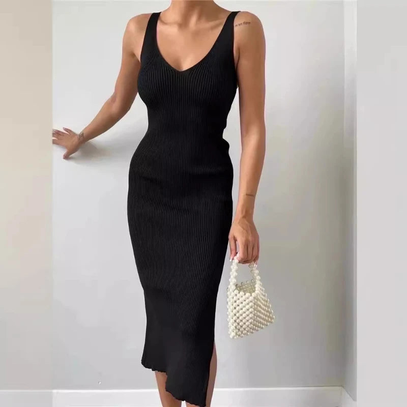 Elegant V-Neck Bodycon Dress for Women, Solid Color Midi - Image 4