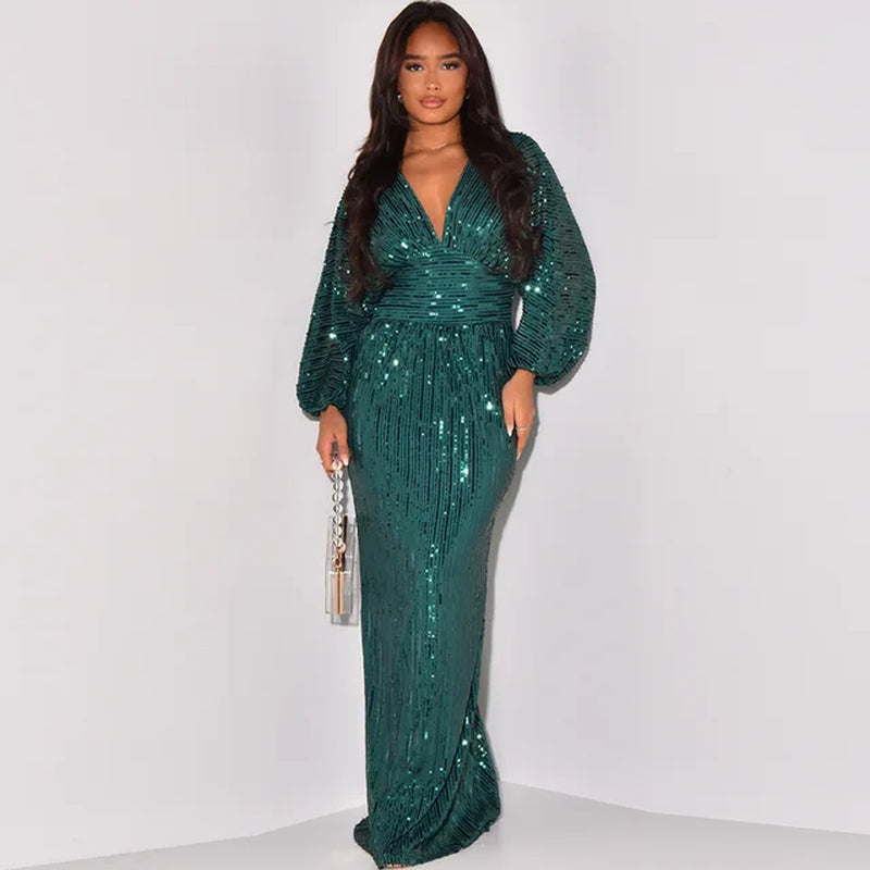 Sequin V Neck Bodycon Evening Dress for Women - Image 2