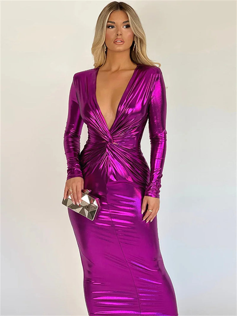 Women's Elegant Pleated V-Neck Maxi Dress for Party - Image 9