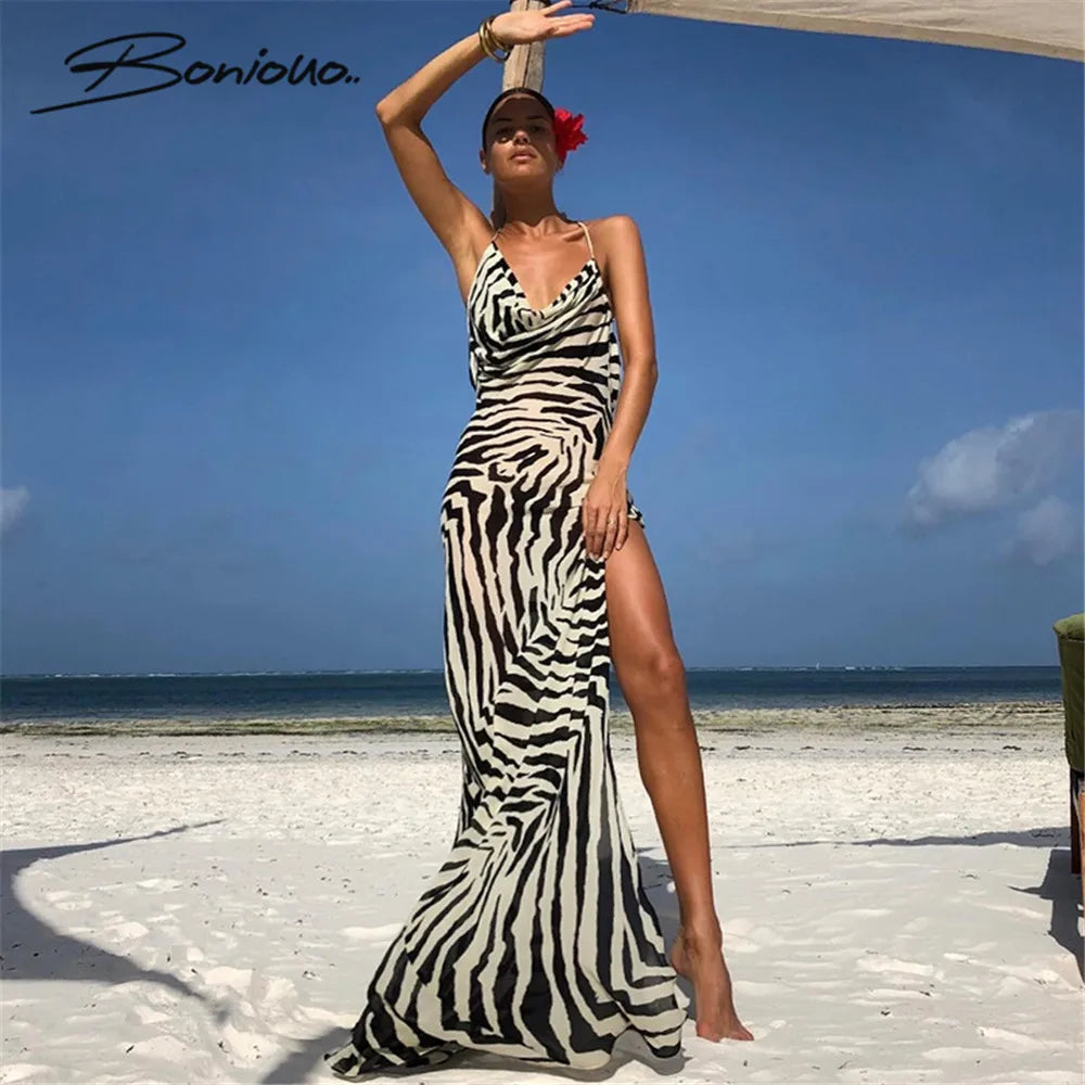 Zebra Print Halter Maxi Dress: Elegant Beachwear for Women - Image 2