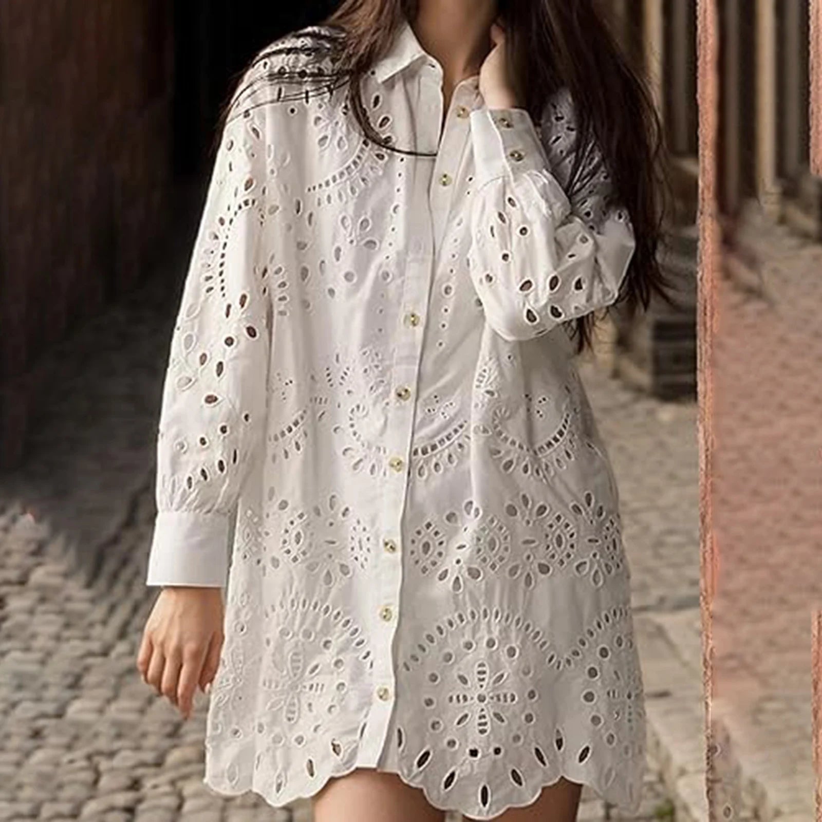 Long Sleeve Turn-Down Collar Button-Down Hollowed Fall Mini Dress - Image 4