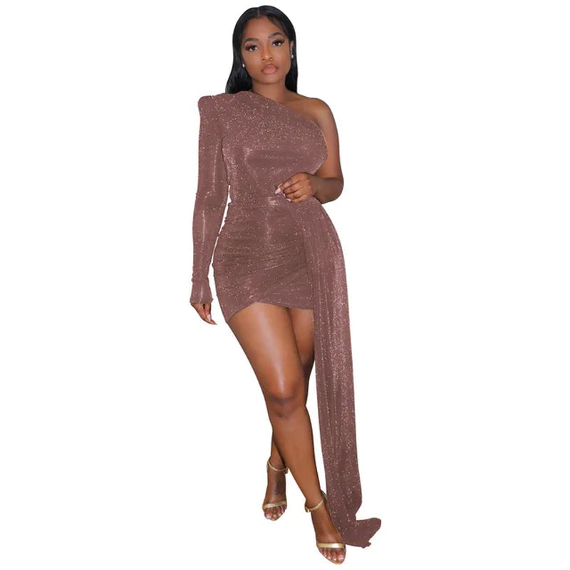 One Shoulder Bodycon Dress with Diagonal Collar Sequins Mini - Image 12