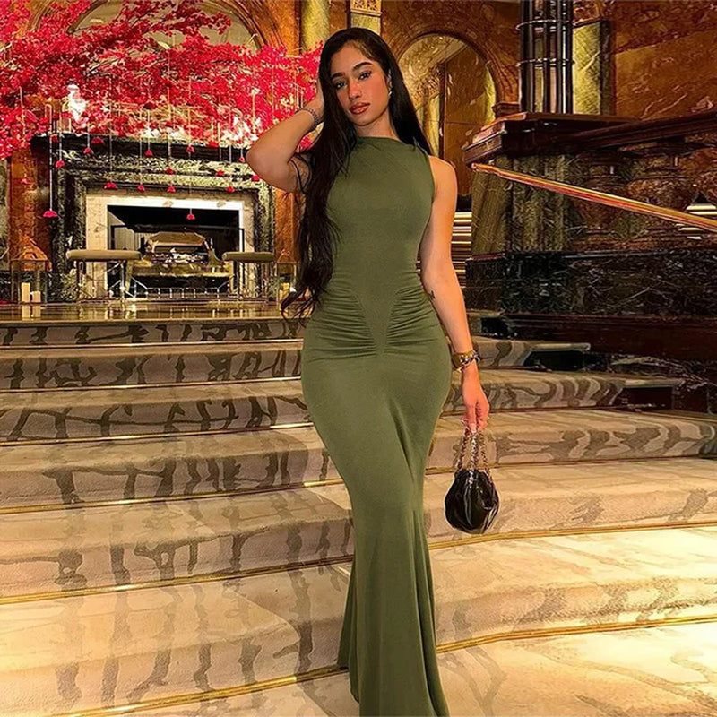 Elegant Solid Color Pleated Bodycon Party Dress for Women - Image 2