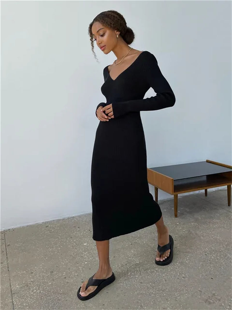 Women's Fall Winter Knit Rib Midi Pencil Dress - Image 11