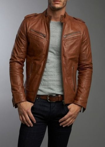 hombre REAL Cordero Marrón Tostado CHAQUETA DE CUERO Tipo Motociclista –  Majestic Leather