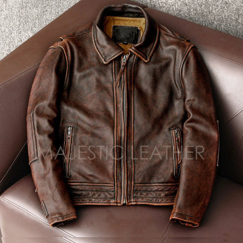 Men's Biker Fortime Brown Vintage Motorcycle Leather Jacket (837 ...