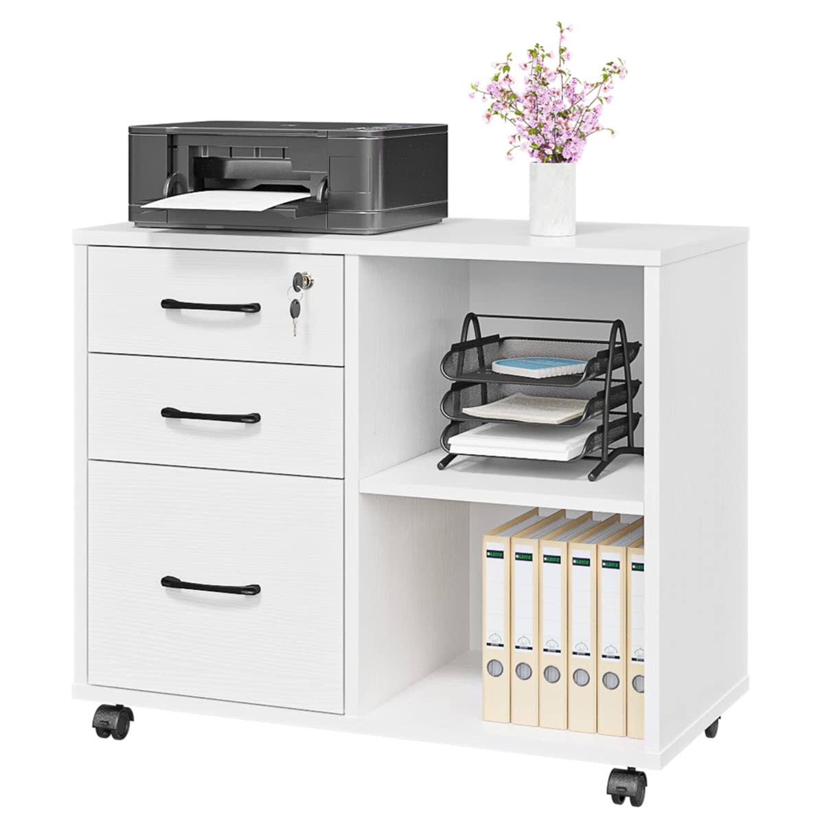 3 Drawer Office File Cabinets, Mobile Lateral Printer Stand with Open Storage Shelf, Rolling Filing Cabinet with Wheels Home Office Organization and