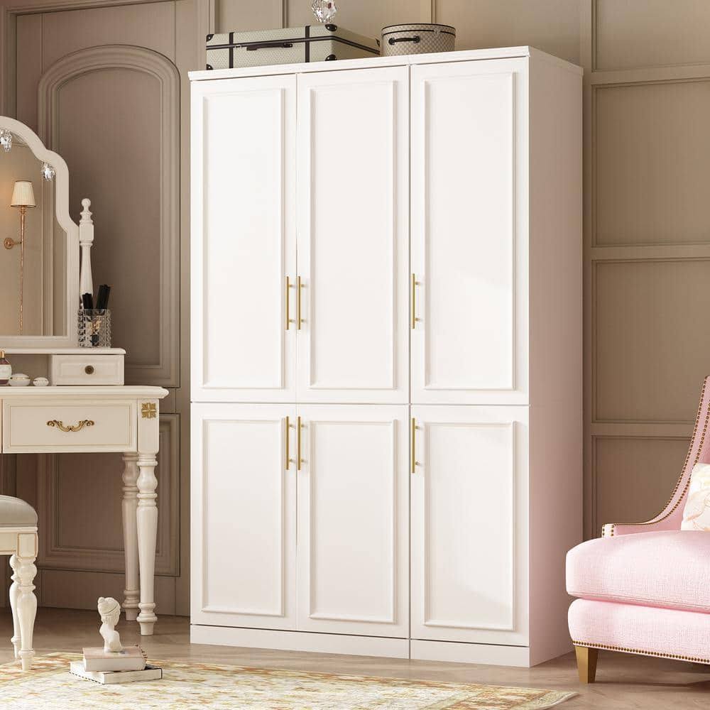 2-Combination White Wood 47.4 in. W 6-Door Big Armoires with 2 Hanging Rods Storage Shelves 74.8 in. H x 19.3 in. D