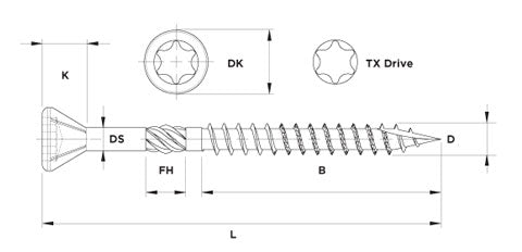 six lobe torx head decking screw technical drawing