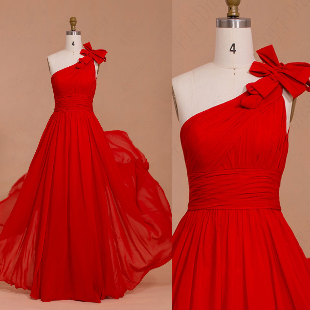 One shoulder red chiffon long prom dresses – MyPromDress