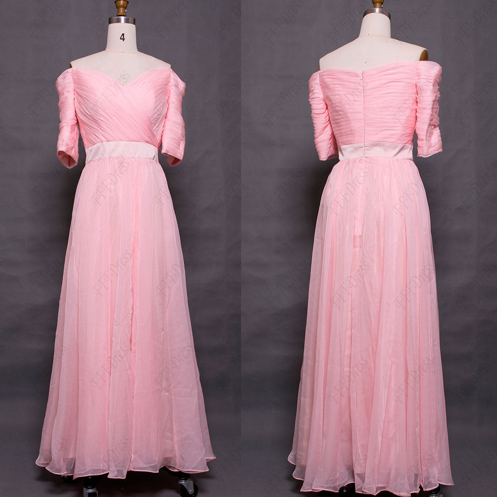 Pink modest prom dress with sleeves vintage off the shoulder evening d ...