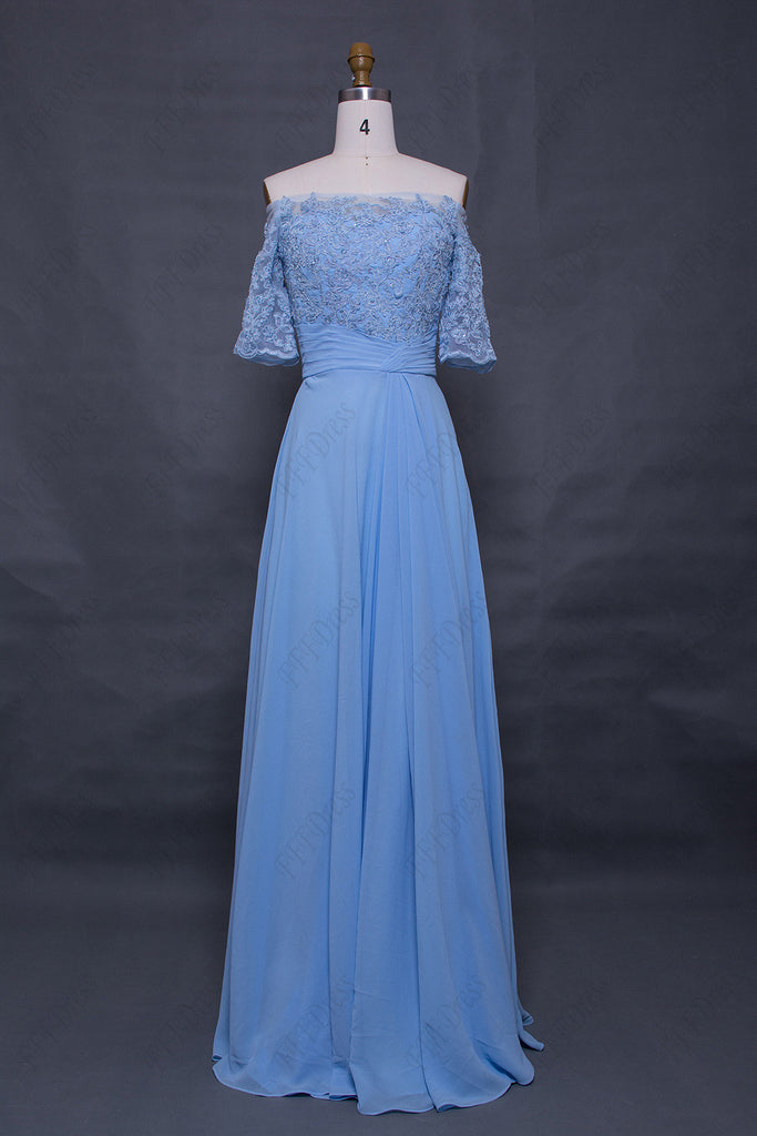 Light blue off the shoulder modest prom dress with sleeves – MyPromDress