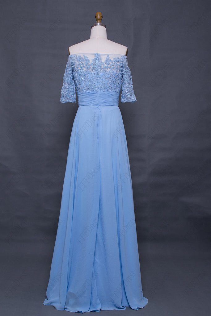 Light blue off the shoulder modest prom dress with sleeves – MyPromDress