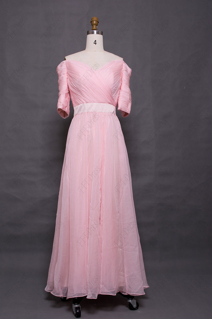 Pink modest prom dress with sleeves vintage off the shoulder evening d ...