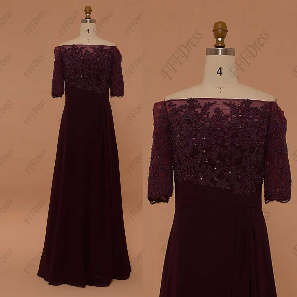 plum off the shoulder bridesmaid dress