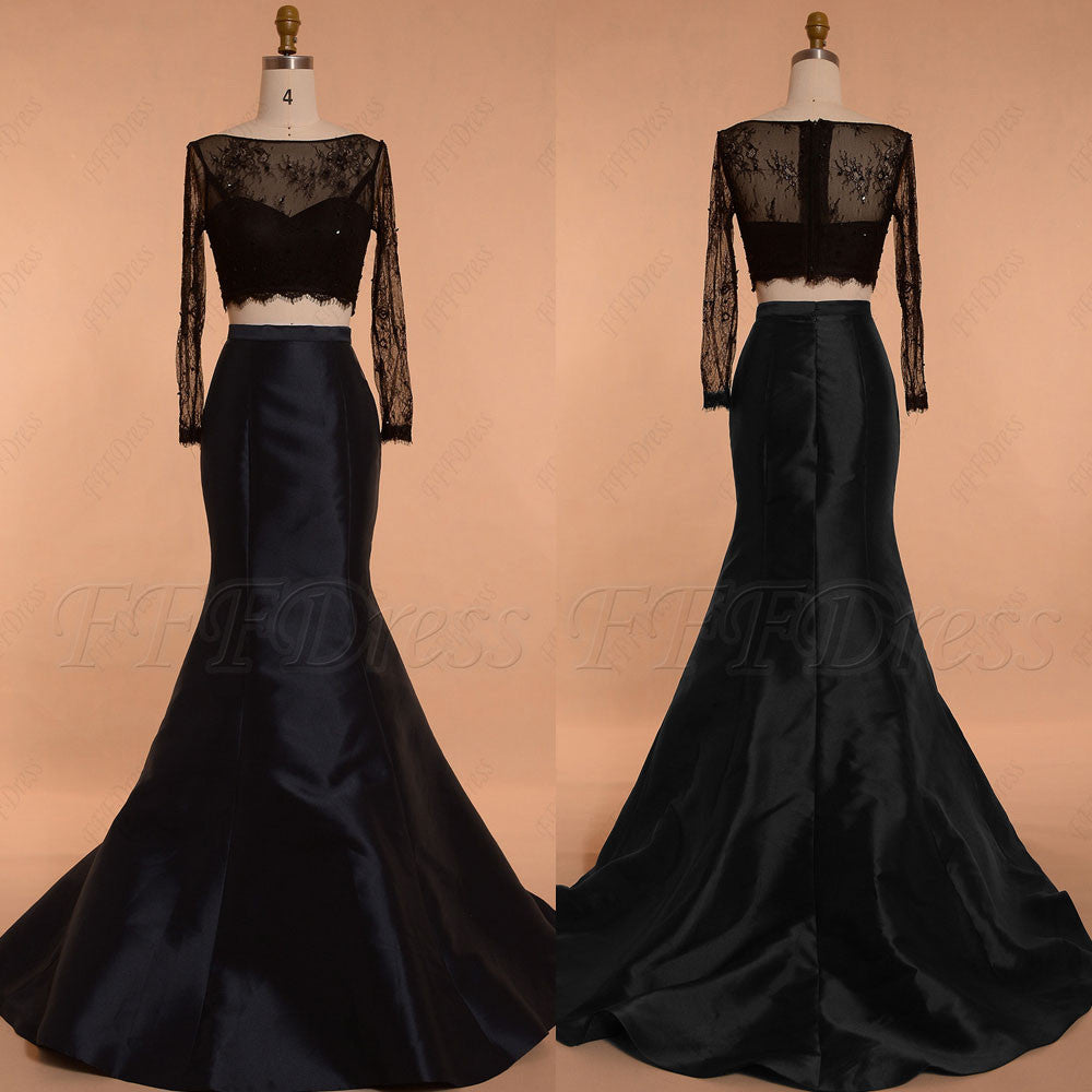 black long sleeve 2 piece prom dress