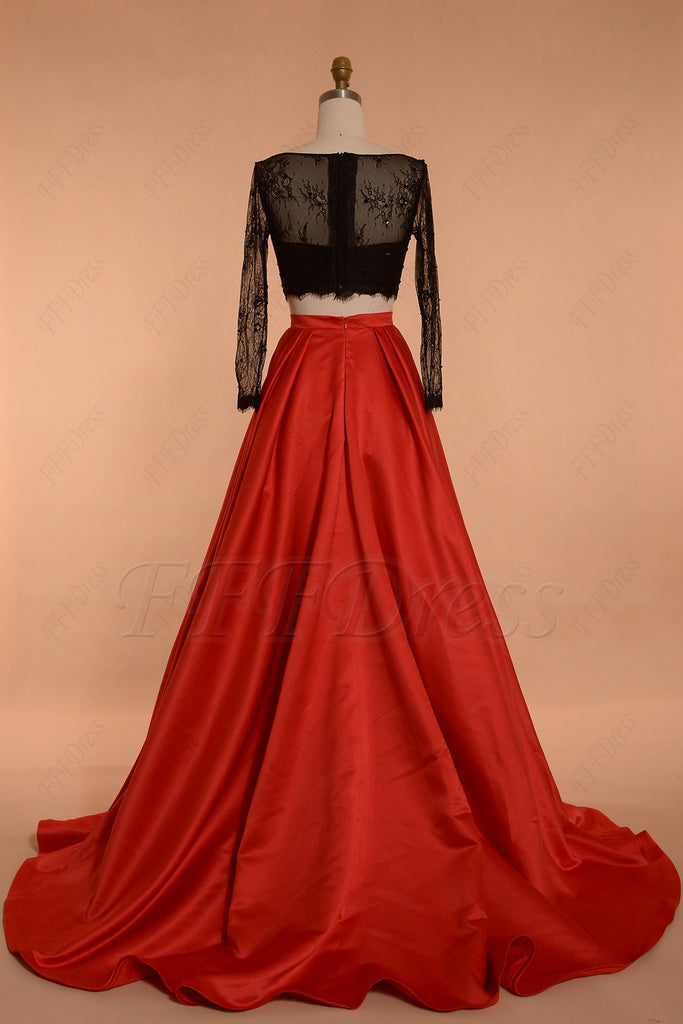 Black Red Ball Gown Two Piece Prom Dress Long Sleeves – FFFDress