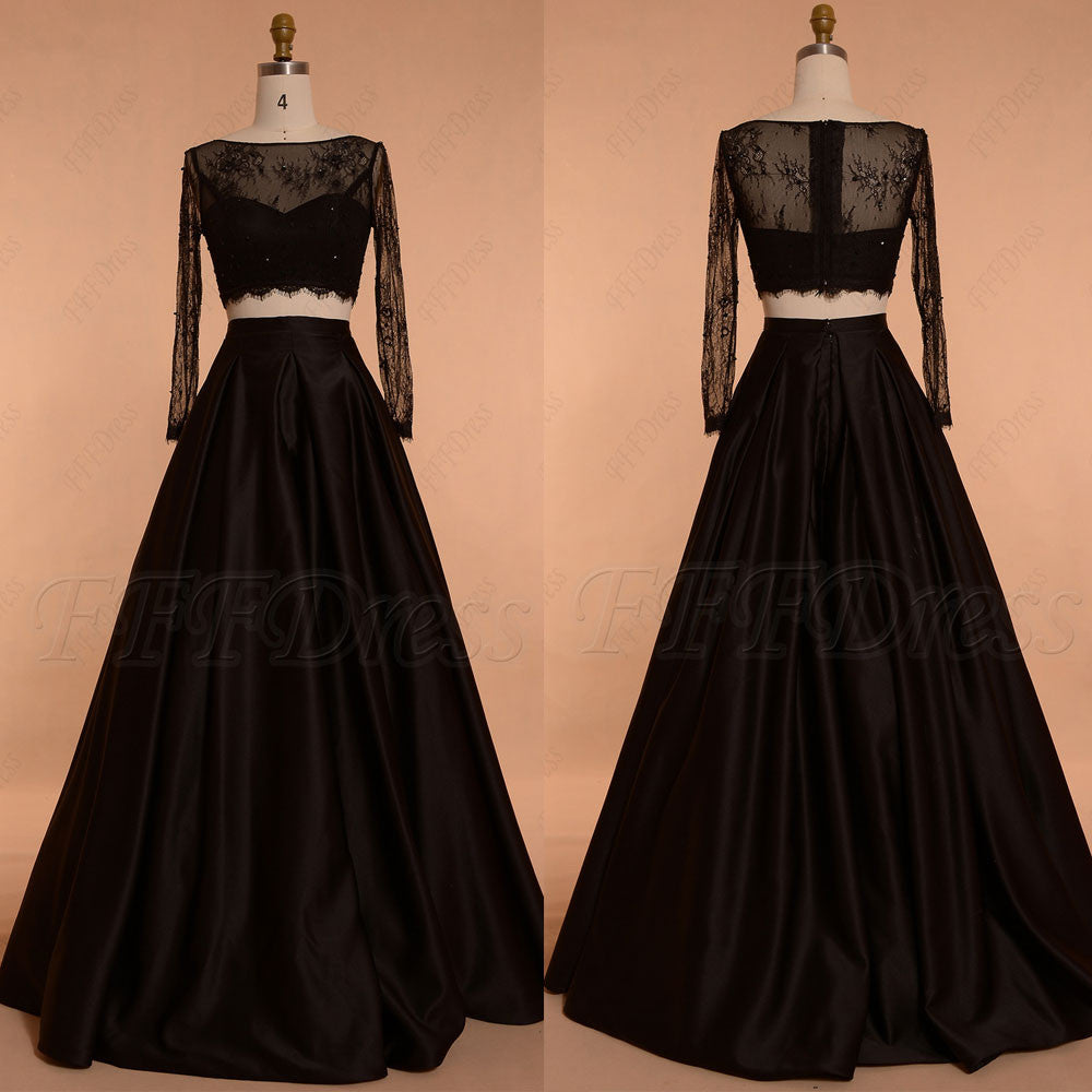 black long sleeve two piece prom dress