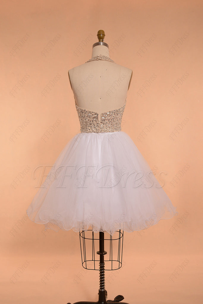 Halter Backless Beaded Crystal White Short Prom Dress Homecoming Dress