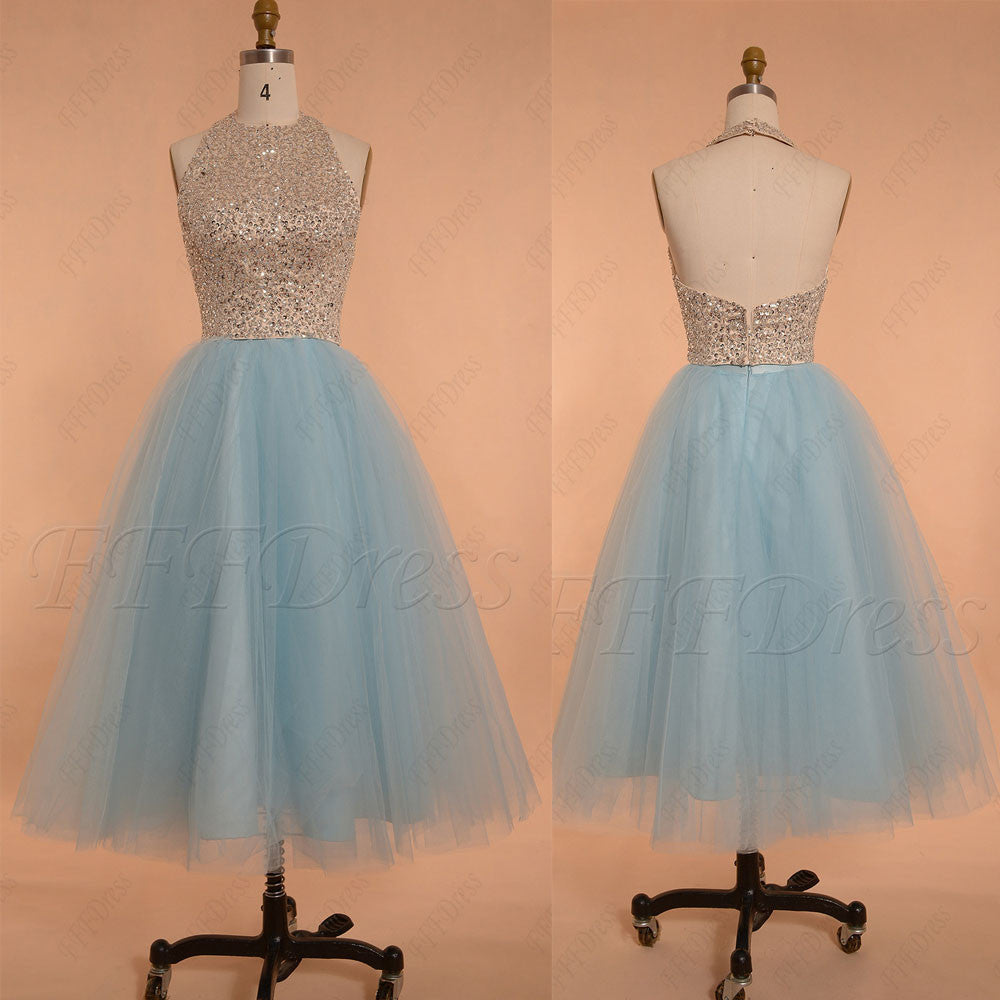 light blue halter prom dress