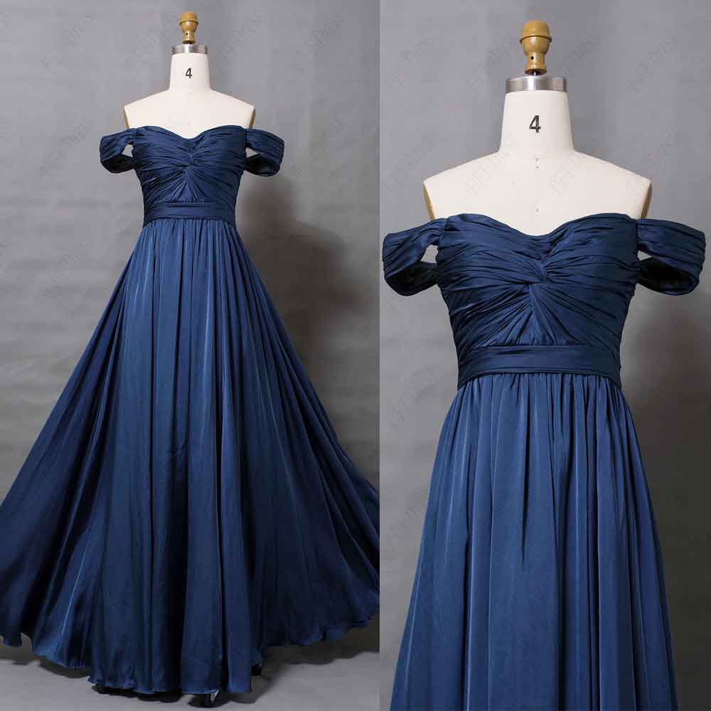 navy blue off the shoulder prom dress