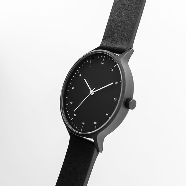 B302 Watch, Black Case, Black Dial, Leather Strap - Black - BIJOUONE