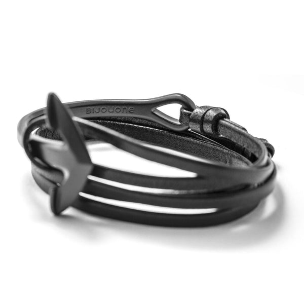 Noir Half Anchor Cuff Black Leather Bracelet | BIJOUONE